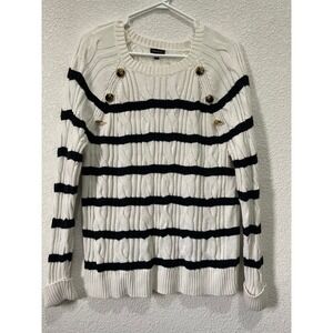 Talbots Women's Cream Black Striped Cable Knit Button Accent Sweater‎